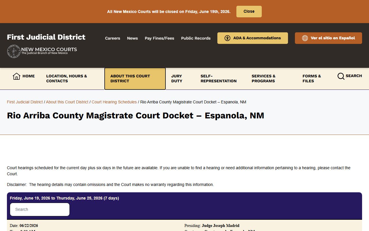 Rio Arriba County court dockets Espanola Magistrate Court schedule